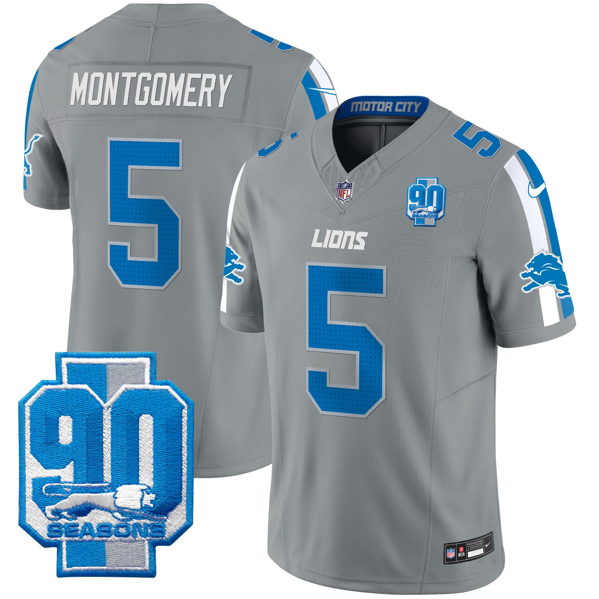 Men Detroit Lions #5 Montgomery Grey 2024 Nike 90th Year Patch Vapor Limited NFL Jersey->indianapolis colts->NFL Jersey